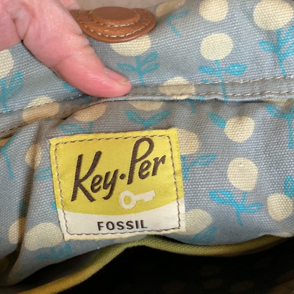FOSSIL KEYPER waxed canvas w leather trim fun polka dot circle strip pattern - Picture 5 of 9